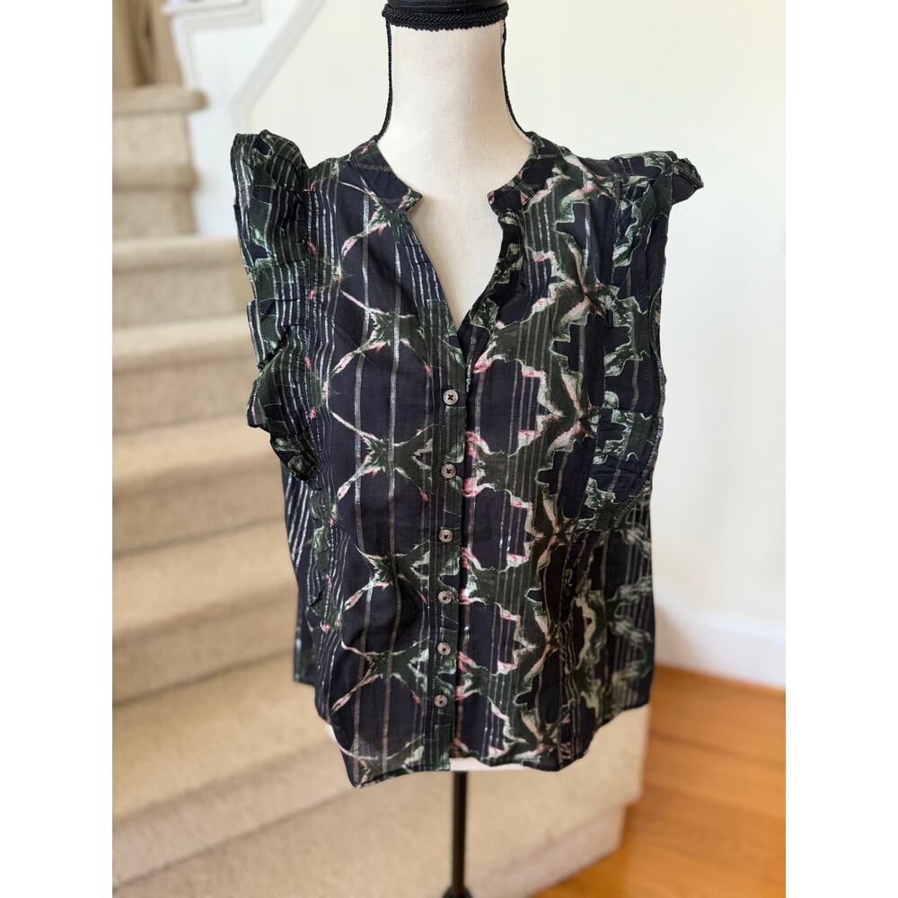 Pilcro Anthropologie Black Ruffle Sleeveless Button Down Metallic Boho Tank Top